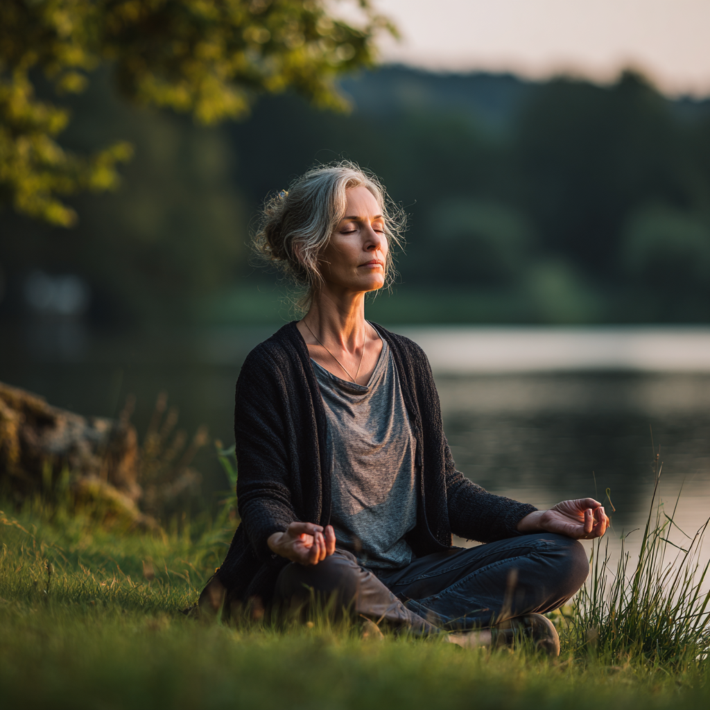 Middle-aged woman practicing meditation in peaceful natural setting