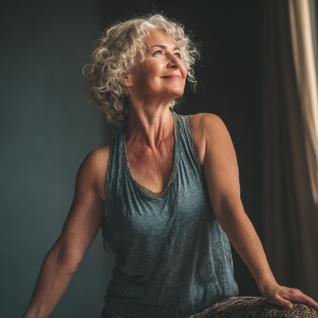 Senior woman in comfortable yoga pose showing flexibility and inner peace